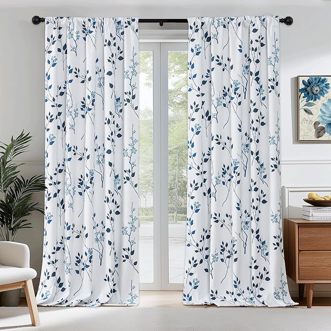 Beauoop Floral 100% Blackout Curtains 96 Inches Long 2 Panels for Bedroom Living Room Navy Blue and White Flower Patterned Room Darkening Thermal Soundproof Rod Pocket Back Tab Window Drapes, 52X96
