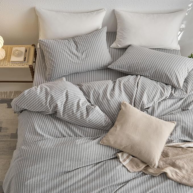 MooMee Striped Duvet Cover Set 100% Washed Cotton Linen Like Textured Breathable Durable Soft Comfy (Light Grey White Wide Stripes, Alaska King 132"x120")