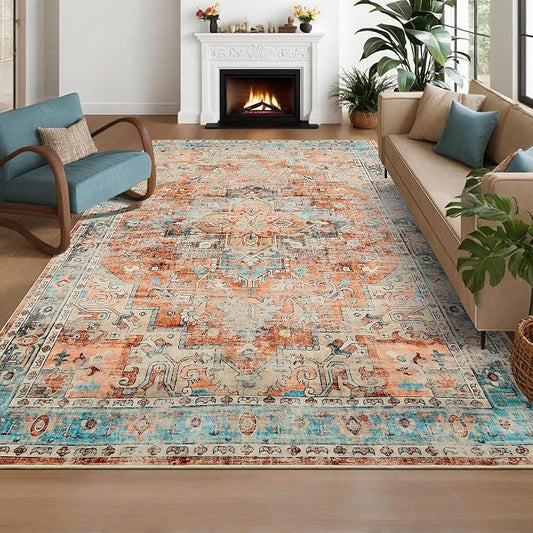 Washable 5x7 Small Area Rug Boho Vintage Medal Print Carpet Non Slip Office Rugs Low Pile Soft Bedroom Carpet Non Shedding Kids Nursery Floor Mats for Kitchen Dining Living Room Brick Red