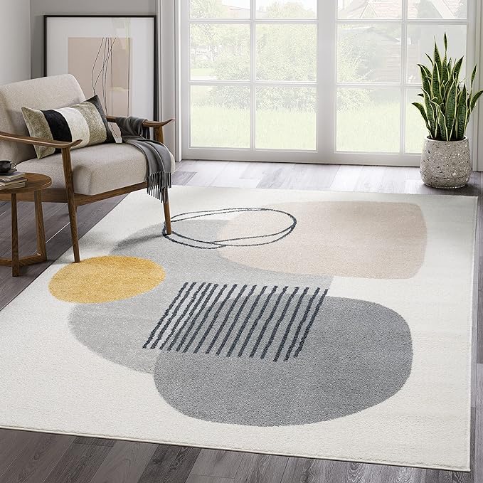 Abani Rugs Cream and Gray 5’3” x 7’6” (5'x8') Mid-Century Rug with Circles and Lines. Neutral Tones of Cream, Gray and a pop of Yellow. Minimalistic Design Turkish Stain Resistant Area Rug.
