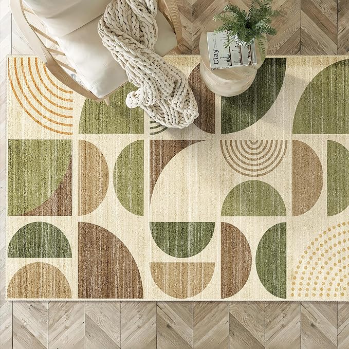 MUJOO 3x5 Rug Washable,Boho Area Rugs for Bedroom Entryway Living Room Bedside,Small Throw Floor Carpet Non Slip Soft Indoor Modern Abstract Vintage Green and Brown