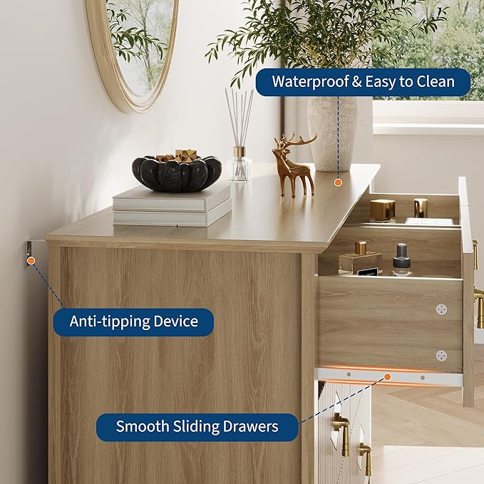 GarveeHome Fluted Dresser for Bedroom, 47.2 Inch Wide 6-Drawer Wood Dresser, Modern Chest of Drawers, Storage Organizer Cabinet for Living Room, Hallway, Entryway, Natural Oak