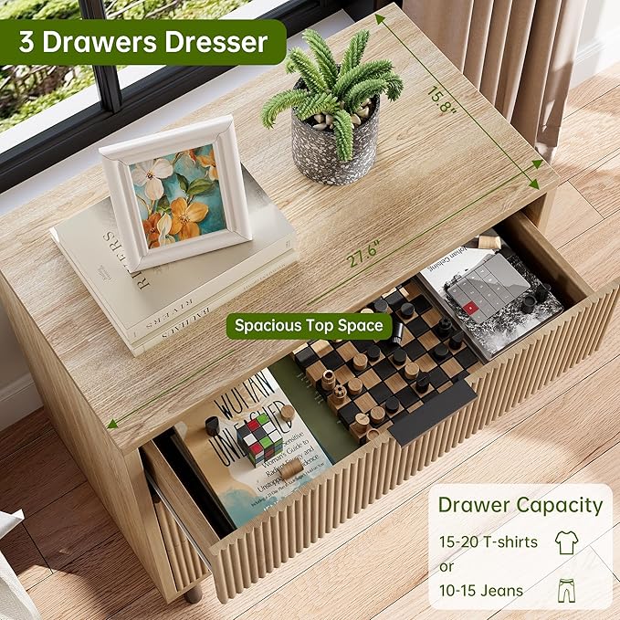 GarveeHome Oak Fluted 3 Drawers Dresser, Wide Wood Chest of Drawers, Modern Storage Dresser Chest of Drawers Organizer with Metal Legs and Anti-Tipping Device for Bedroom Living Room