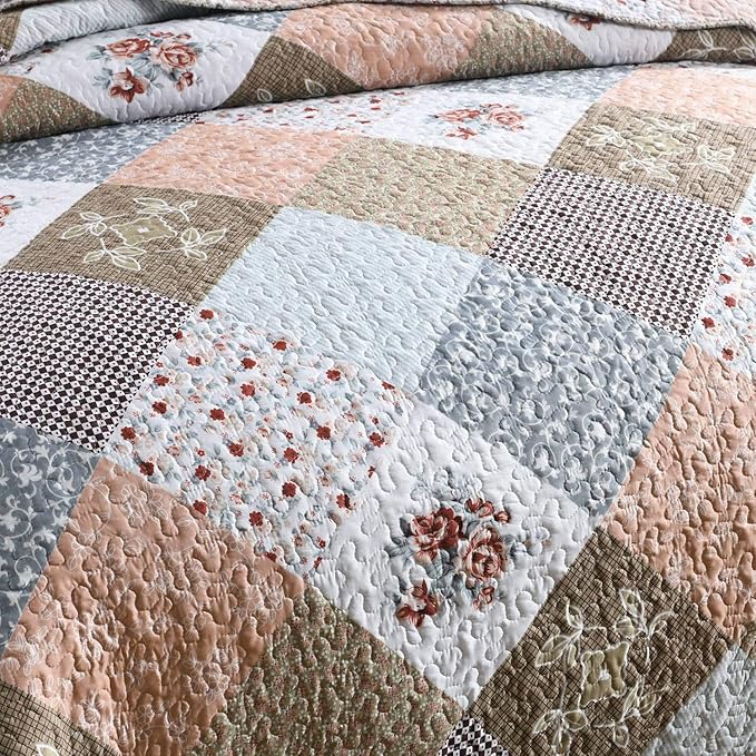 HoneiLife Quilt Set King Size - 3 Piece Microfiber Quilts Reversible Bedspreads Patchwork Coverlets Floral Bedding Set All Season Quilts-Mocha Rose,King Size