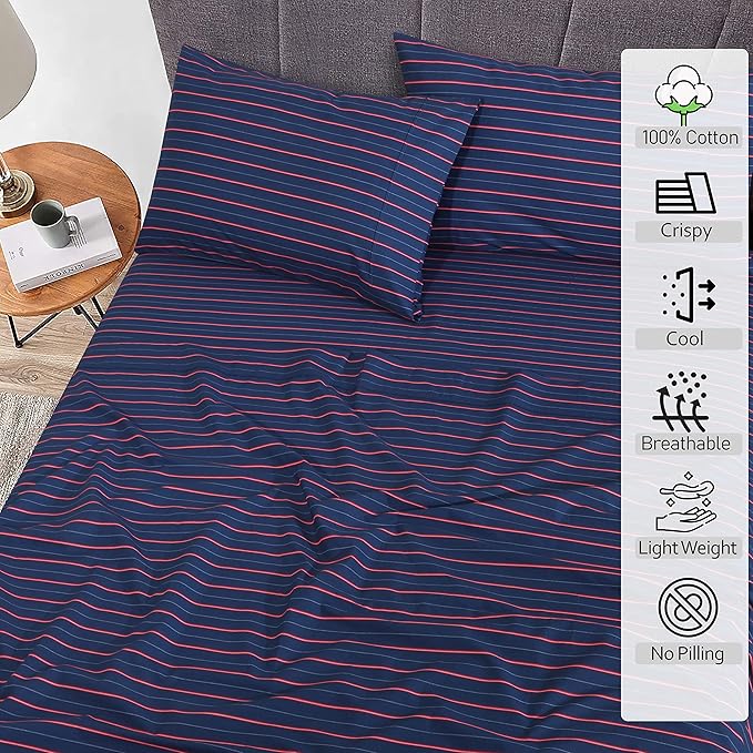 RUVANTI 100% Cotton King Size Sheets Set, 4 Pieces, Soft & Breathable Percale Weave Bedding, Deep Pocket 16", Hotel Standard, Crisp Cool Feel, Durable, Perfect Striped Bed Sheet, Nautical