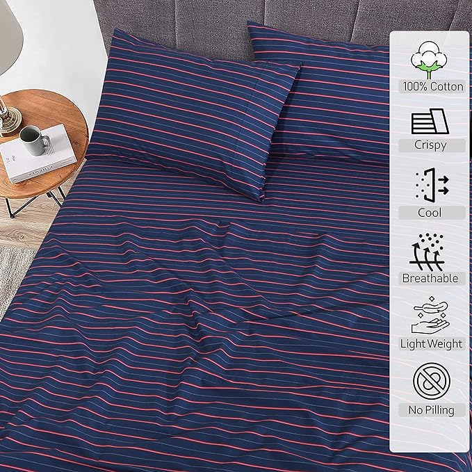 RUVANTI 100% Cotton Full Size Bed Sheets, 4 Pieces, Soft & Breathable Percale Weave Bedding, Deep Pocket 16", Hotel Standard, Crisp Cool Feel, Durable, Perfect Sheet Set Striped, Nautical