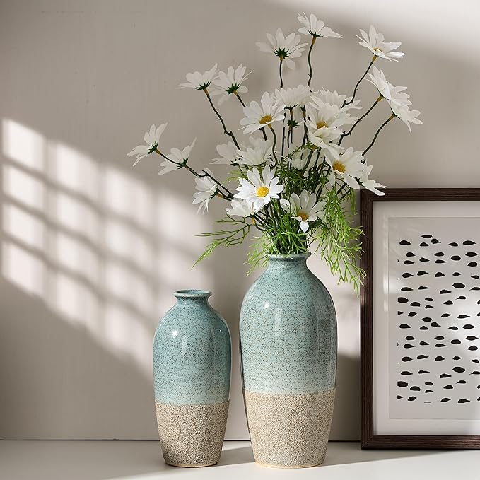 Ceramic Vases for Home Decor, Elegant Blue and Brown Ceramic Vase Set of 2, Vintage Minimalist Decorative Vase for Table Centerpiece Dining Living Room Office Nightstand Fireplace Decoration