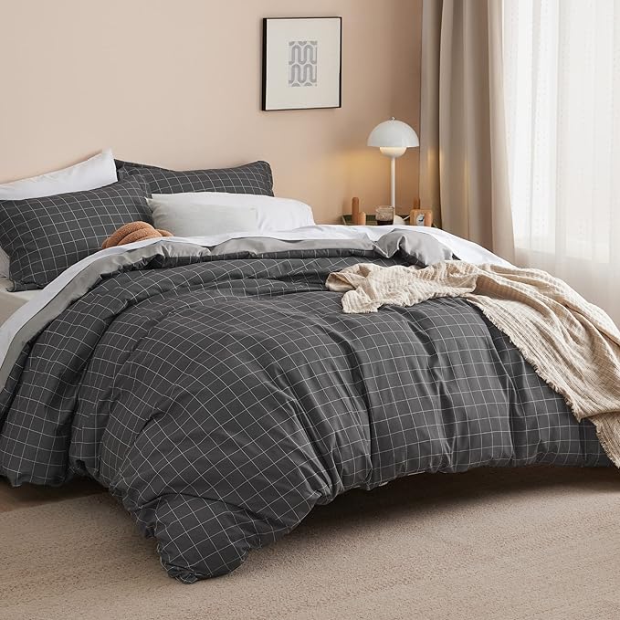 Bedsure Duvet Cover Twin Size - Reversible Plaid Duvet Cover Set with Zipper Closure, 2 Pieces Dark Grey Bedding Set with 8 Corner Ties and 1 Pillow Sham 20"x26"