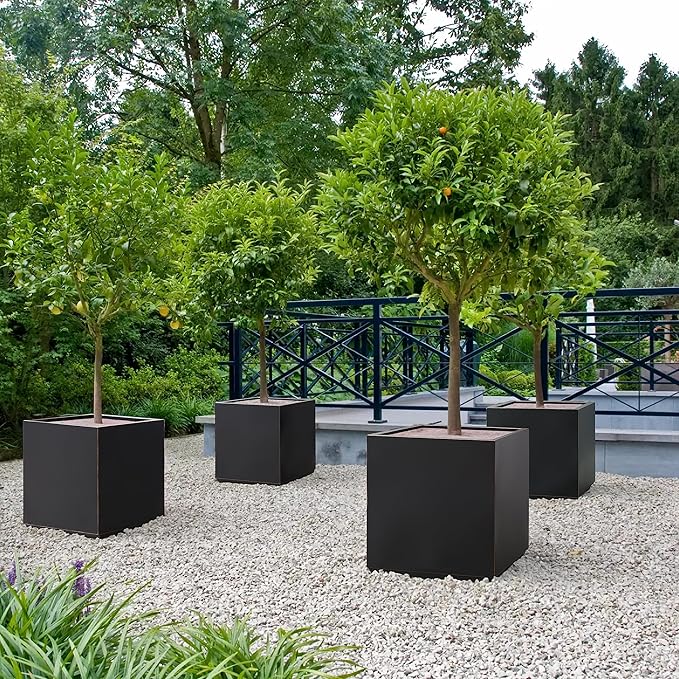 Wallowa Metallic Heavy Cube Planter Box, No Assemble, Seamless Large Square Planter for Trees, Plants and Flowers 21”Lx21”Wx24”H 35Pounds Black with Hand Brushed Gold Rim