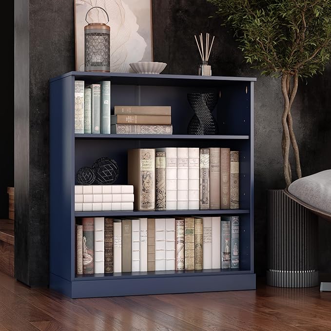 Palace Imports Solid Wood Bookcase - 3-Tier Floor Standing Bookshelf - 36" Short Storage Shelf, 32” W - Navy Blue, Display Furniture for Room, Renewable 100% Eco-Friendly Wood, Made in Brazil