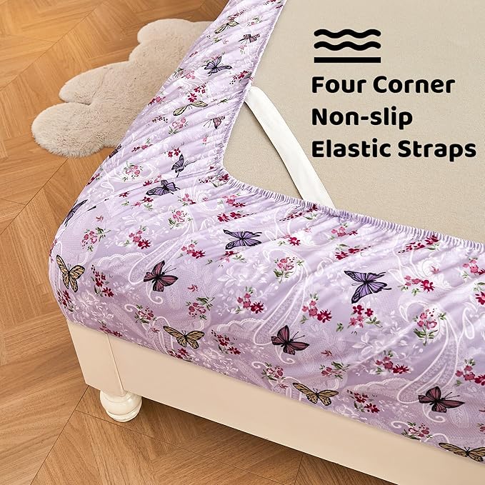 Paisley Floral Bed Sheets Queen Set, Purple Flower Printed Sheets for Queen Size Bed, Microfiber Fitted Sheet with 15" Deep Pocket and Corner Straps, Butterfly Patterned Sheet & Pillowcase Sets