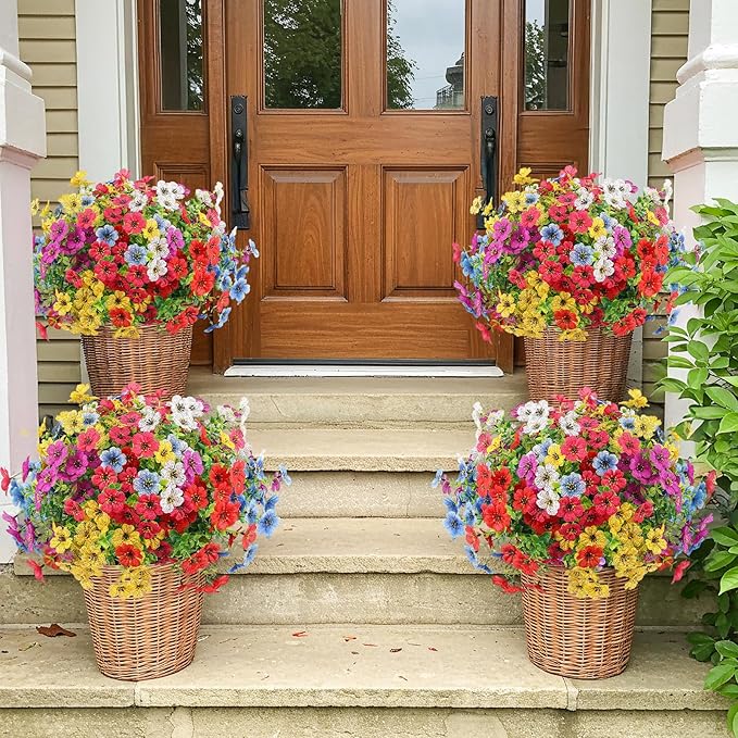 Artificial Spring Flowers Outdoor Faux Plants UV Resistant Fake Patio Flowers Plastic Greenery Plnats Outside Bulk for Spring Garden Hanging Planter Home Vase Decor, 12 Bundles (Multicolor)