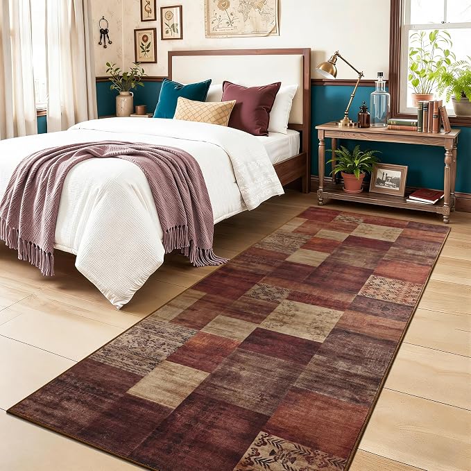 Tepook Modern Runner Rug for Living Room, 2x6 Washable Rugs for Bedroom Hallway, Geometric Patchwork Runner Rug Non-Slip Indoor Throw Carpet for Entryway Kitchen Office Home Decor, Red