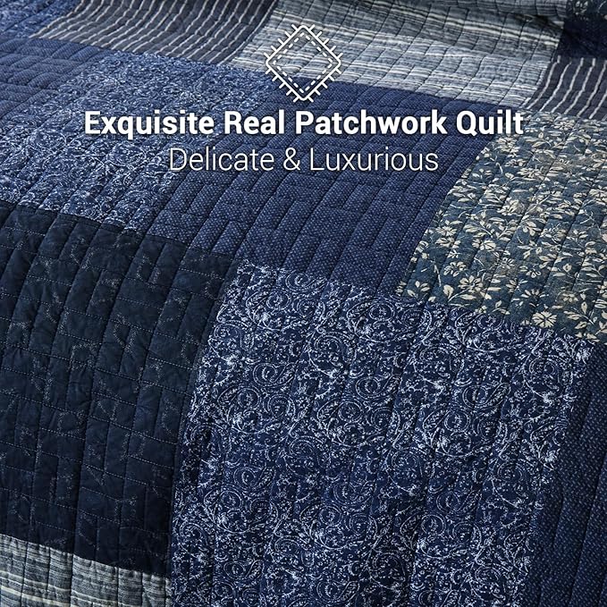 Yvooxny Quilts Queen Size Reversible Lightweight Bedspread 3-Piece Quilt Set Plaid Floral Patchwork 100% Cotton Queen Quilt Set Bedding Set with Pillow Shams for All Seasons, Azure Blue, 90x98''