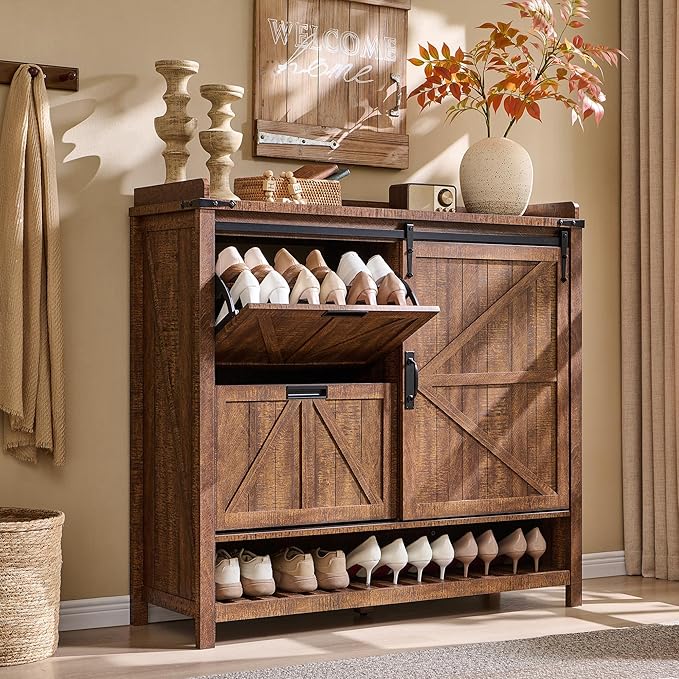 OKD Shoe Storage Cabinet with 2 Flip Drawers & Sliding Door, Farmhouse Entryway Shoe Organizer, Freestanding Rustic Hidden Shoe Rack Cabinet for Entryway, Reclaimed Barnwood
