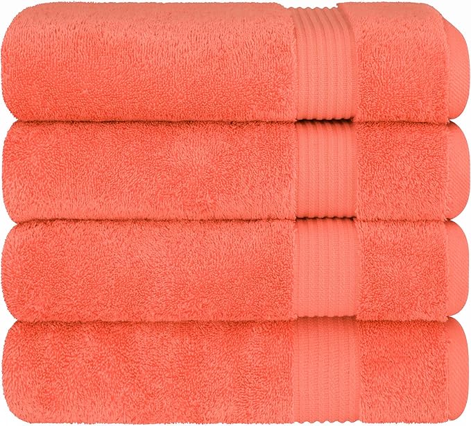 Cotton Paradise 4 Piece Turkish Bath Towels for Bathroom, 100% Cotton Extra Large Soft Plush Towels Bathroom Set, Coral