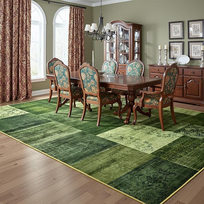 Tepook 8x10 Green Area Rugs for Living Room, Modern Large Geometric Rug for Bedroom, Washable Patchwork Rug Indoor Non Slip Throw Carpets for Dining Room Office Farmhouse Home Decor