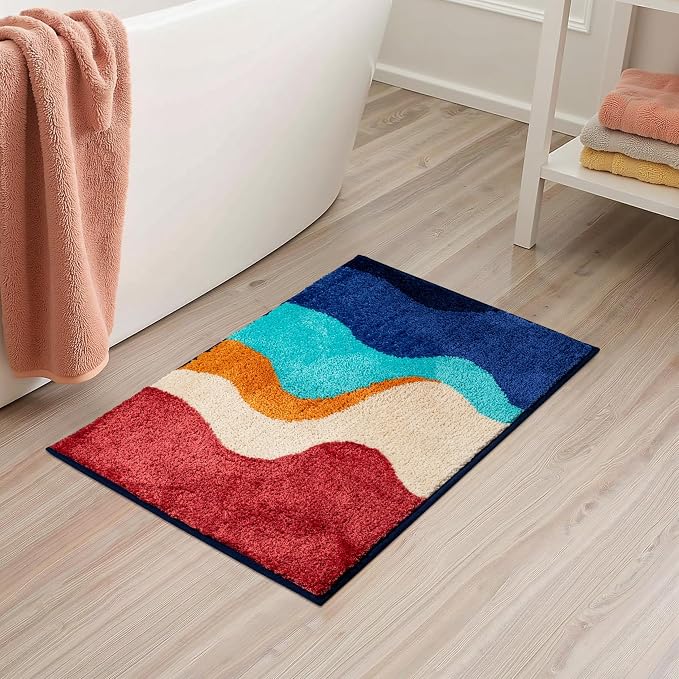 Funky Tufted Bathroom Rugs Non Slip Absorbent Fluffy Microfiber Cute Bath Mat for Bathroom with Colorful Wave Pattern, Small Floor Rug for Toilet, Tub, Machine Washable, 16"x24", Multicolor