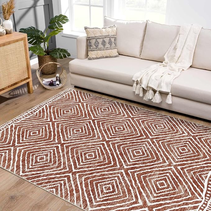 5x7 Area Rugs - Ultra-Thin Washable Rug with Non-Slip Backing, Ideal for Living Room, Bedroom, Kitchen Floor Carpet - Western Style, Easy Clean, Durable, Brown Red