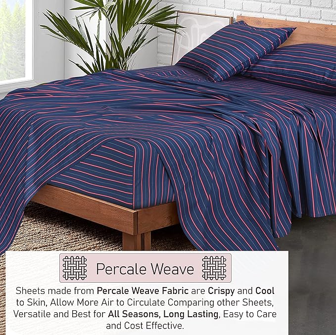 RUVANTI 100% Cotton King Size Sheets Set, 4 Pieces, Soft & Breathable Percale Weave Bedding, Deep Pocket 16", Hotel Standard, Crisp Cool Feel, Durable, Perfect Striped Bed Sheet, Nautical