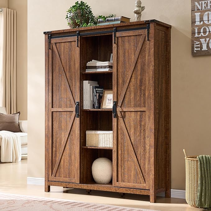 OKD Storage Cabinet with 2 Sliding Door, 7-Tier 62" Tall Farmhouse Entryway Shoe Cabinet, Freestanding Rustic Hidden Shoe Organizer for Entryway, Reclaimed Barnwood