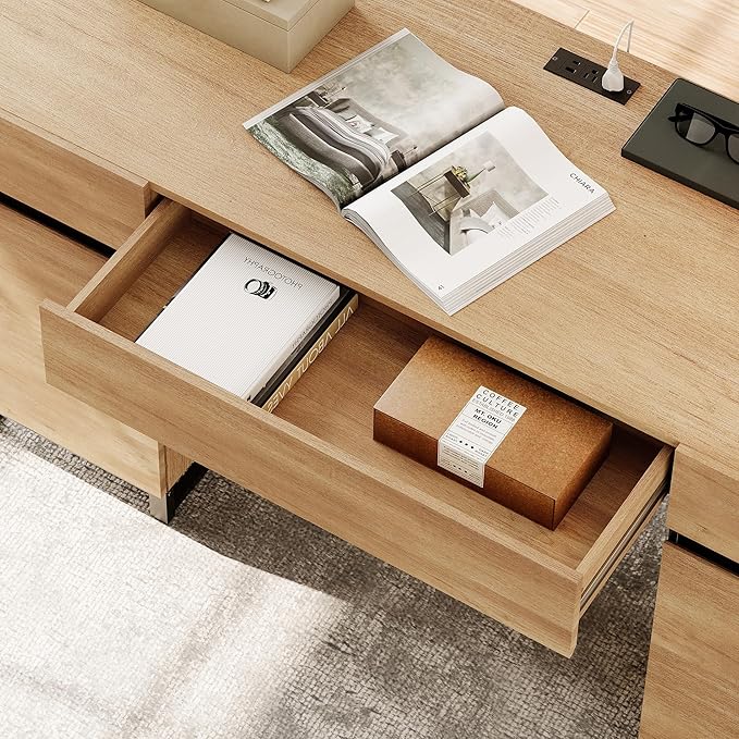 WAMPAT 59" Modern Executive Desk with Drawers, Home Office Computer Desk with Charging Station, File Drawer, Storage Cabinet, Wood Writing Desk for Work and Study, Oak