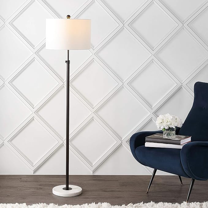 JONATHAN Y 65" Oil Rubbed Bronze and White Marble Adjustable LED Floor Lamp, Modern Glam Standing Light for Living Room Bedroom, White Linen Shade, Bulb Included (JYL3022B)