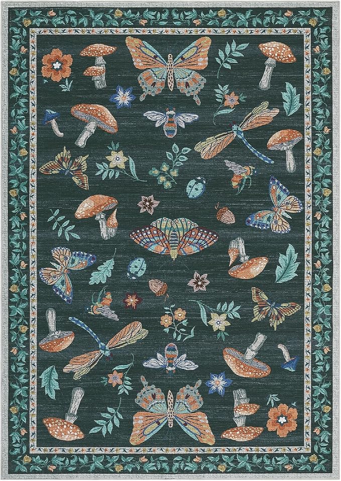 5x7 Washable Mushroom Floral Small Rug Non Slip Living Room Vintage Area Rug Low Pile Soft Bedroom Rugs Non Shedding Kitchen Rugs Boho Retro Indoor Carpet for Kids Nursery Room, Black