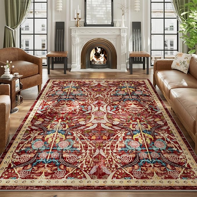 AMTOVO 6x9 Washable Area Rugs for Living Room, Non-Slip Large Soft Boho Floral Vintage Accent Print Carpet for Bedroom Dorm Nursery Room Dining Room Farmhouse Home Office, Red