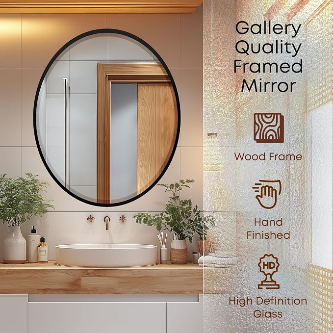 OVALCREST - Oval Wooden Beveled Wall Mirror for Home Decor, Bathroom, Vanity, Bedroom, Living Room, Hallway - London Style (Matte Black) 25.1 x 21.1