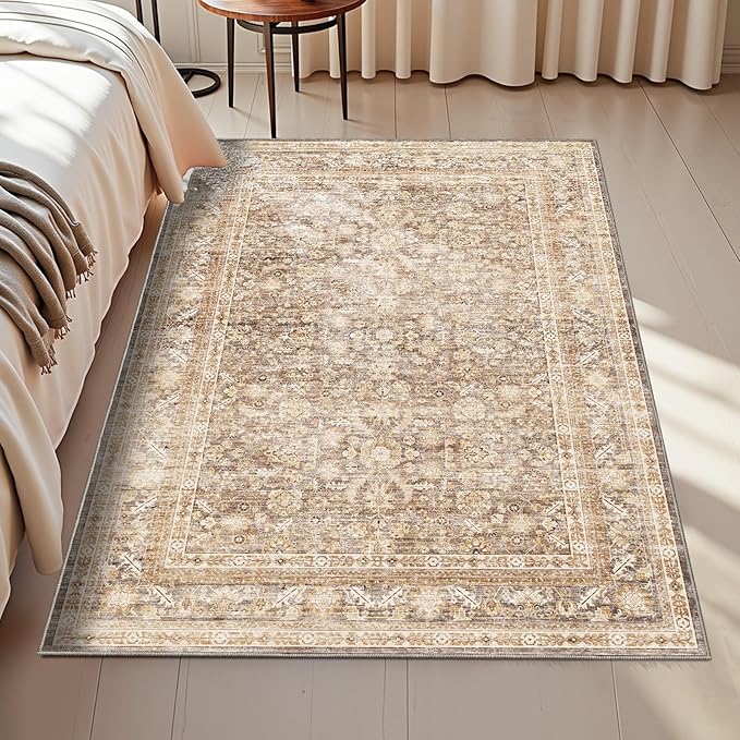 OPPODREAM Vintage Beige Area Rugs 3x5, 3 x 5 Retro Washable Rug Non Slip, Low-Pile Faux Wool Carpet, Distressed Tan Floor Mat for Living Room, Bedroom, Kitchen, Office, Dorm, Dinning Room