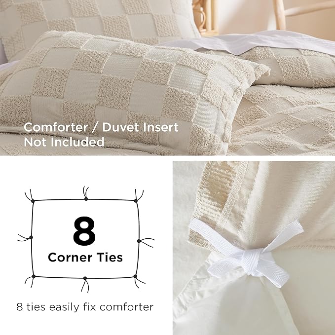 Bedsure Boho Kids Duvet Cover King Size（Duvet Insert/Comforter not Included - Checkered King Duvet Cover for All Seasons, Soft Shabby Chic Boho Bedding (Beige, 104" x 90")