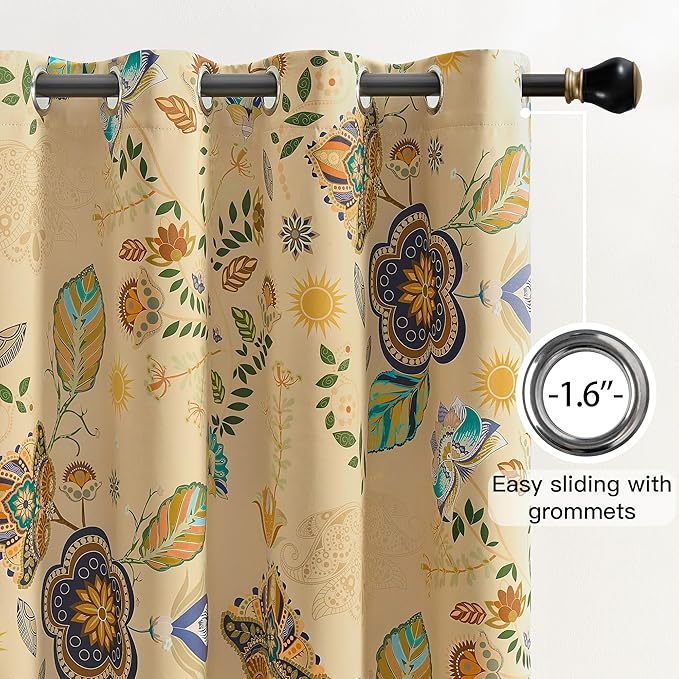 XiDi Beige Floral Curtains 90 Inches Long 2 Panels Vintage Patterned Blackout Curtains for Bedroom Living Room Thermal Insulated Grommet Rustic Luxury Colorful Botanical Flower Printed Drapes 52x90