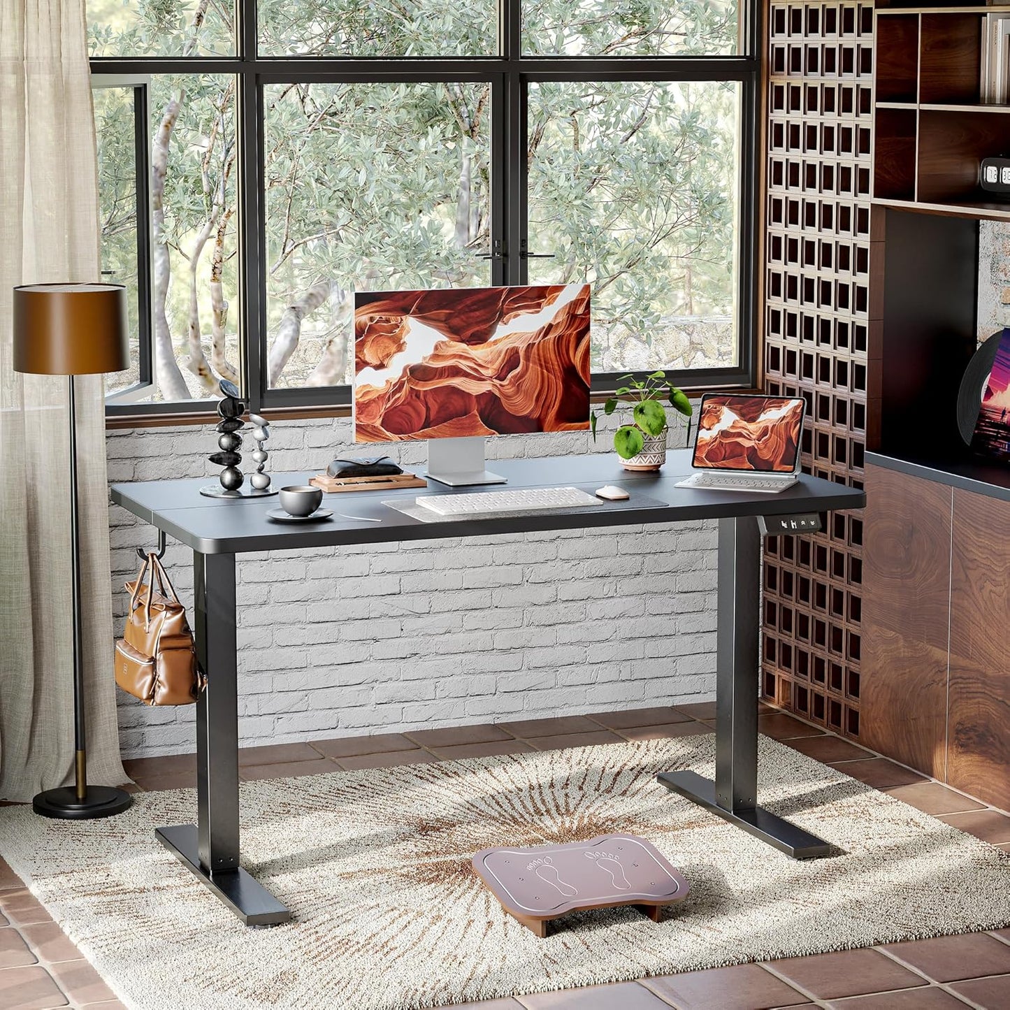 TIQLAB Electric Height Adjustable Standing Desk - 47 x 24 Inch, Black Frame with Splice Board | Ideal for Home Office
