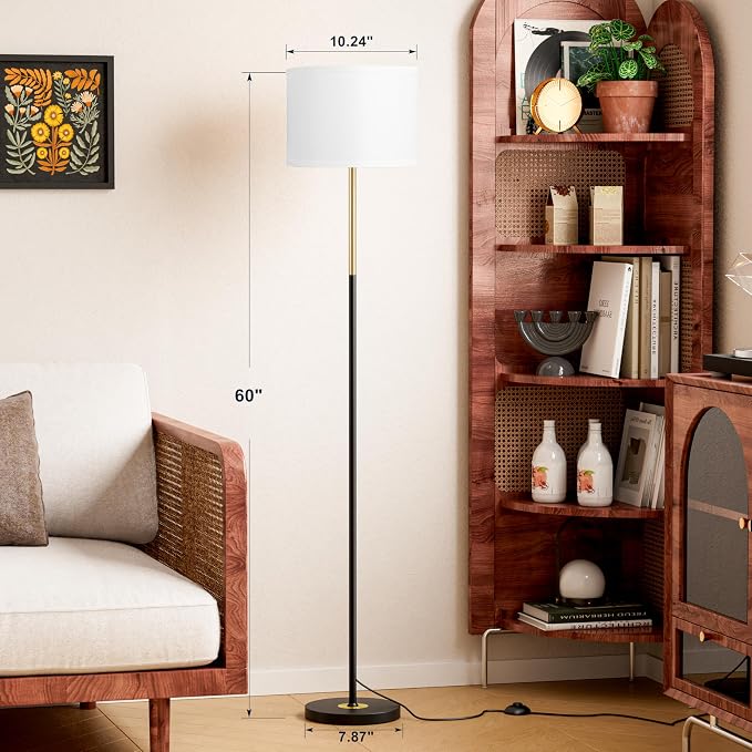 Ambimall 60'' Modern Floor Lamp with Shade, Tall Lamps for Living Room, Bedroom, Office, Dining Room, Gold & Black Lamp Pole(Without Bulb)