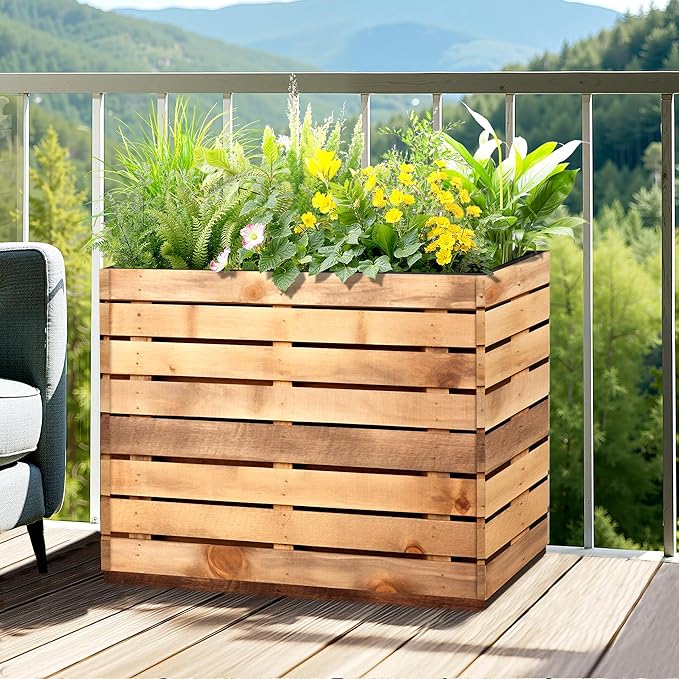 Metal Planter Box Rectangular Planter Box with Drainage Hole, Outdoor Large Planters, All-Weather Use, Rust-Resistance, for Flowers Plants, 29.9" L × 12" W × 24" H, Dark Walnut