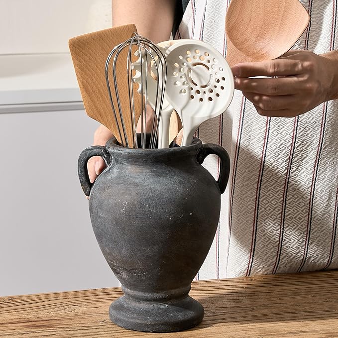 Ceramic Rustic Flower Vase with Handles, 8.36 Inch Tall Vintage Pottery Home Decor, Farmhouse Terracotta Vase for Living Room, Table, Shelf, Mantel Decoration, Farmhouse- Black Bronze