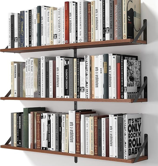 Heimlove Floating Shelves for Wall, 36 Inch Long Wood Floating Bookshelf Set of 3, Wall Mounted Hanging Shelf for Bathroom Bedroom Kitchen, Walnut