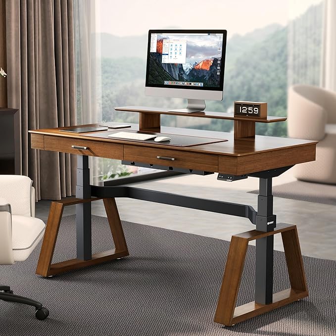 EUREKA ERGONOMIC Ark Standing Desk, 63 inch Executive Desk with Drawers,Modern Trapezoidal Leg Luxury Home Office Computer Desk w Monitor Stand Smart APP Control, Walnut
