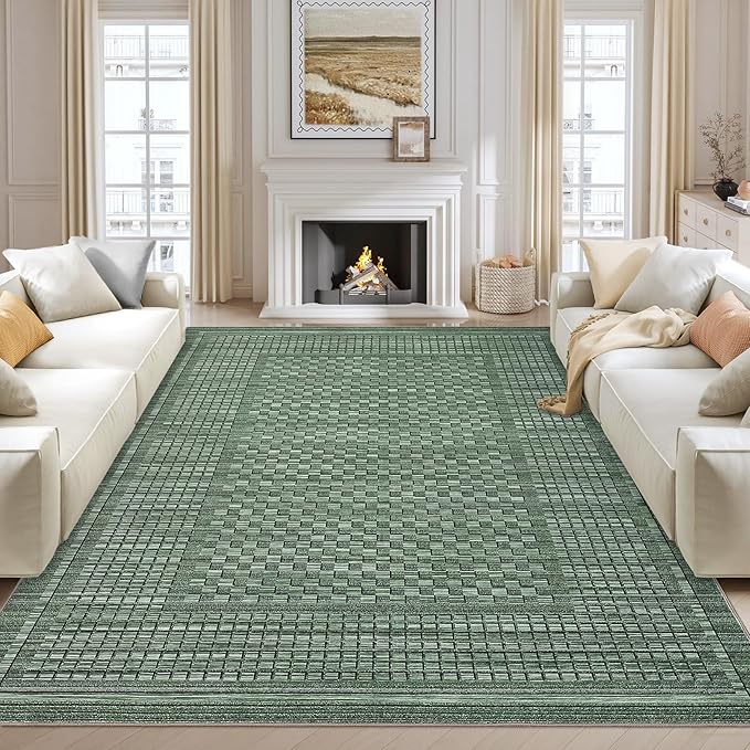 Washable Rugs 8 x 10 Rug for Living Room Modern Green Bedroom Rug Checkered Farmhouse Plaid Large Area Rug Non Slip Throw Rugs Soft Low Pile Stain Resistant Carpet for Nursery 8'x10' Green