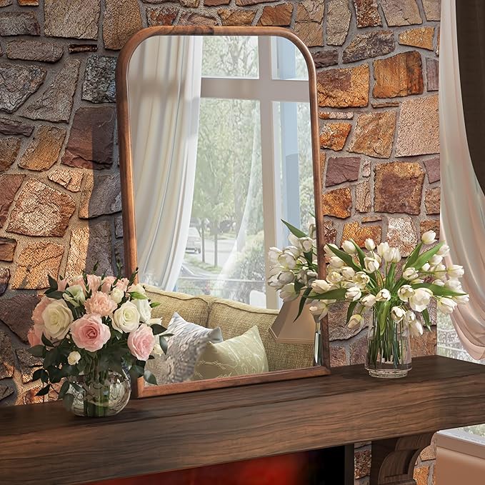 24"x36" Arch Wall Mirror Bathroom Mirror for Wall Mounted, Tempered Glass, Wood Grain Finish Frame Wall Mirror Decorative for Living Room Bedroom Entryway, Natural