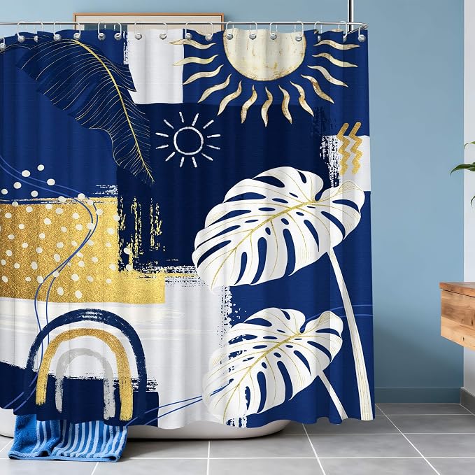 Extra Long Shower Curtain Extra Tall Blue and White XL Navy Blue and Gold Abstract Shower Curtains for Large Bathroom Decor Sets, Waterproof Cloth Fabric with Hooks, 108x72 Inch