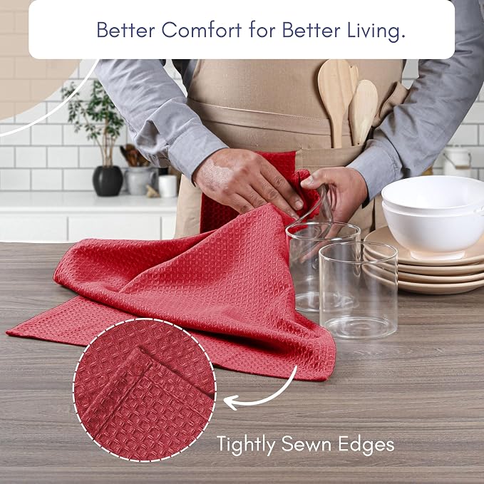 TWINY threads Kitchen Towel Waffle Weave, 6 Pack, 16x26 Inches, Premium Cotton Wash Rags, Absorbent Quick Drying Linen for Home and Restaurant Kitchens, Reusable Dish Cloths for Drying Dishes, Red