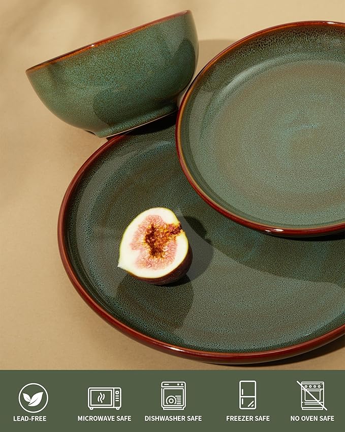 Pokini Plates and Bowls Sets for 8, 24 Piece Dinnerware Set for Large Families & Entertaining, Elegant Design, Dishwasher & Microwave Safe, Chip Resistant and Durable, Sage Green