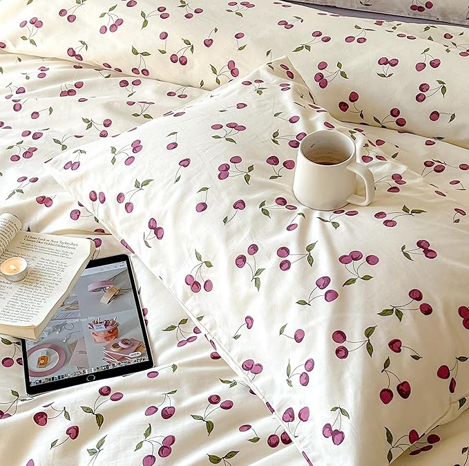 AOJIM Cherry Pattern Duvet Cover Set, 100% Cotton Cute Bedding Comforter Cover with Fruit Motifs, Aesthetic Quilt Cover Set 3pcs, 1 Queen Size Comforter Cover and 2 Matching Pillowcases, No Comforter