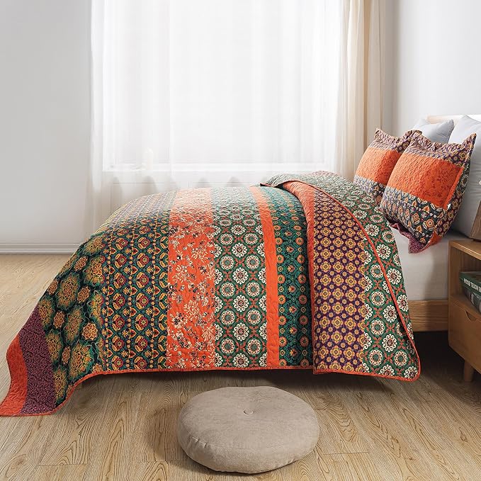 HoneiLife Quilt Sets Queen Size - 3 Pieces Microfiber Quilt Lightweight Bedspreads Wildflower Coverlets Retro Bed Cover King Quilt Bedding Set All Season Quilts-Pumpkin
