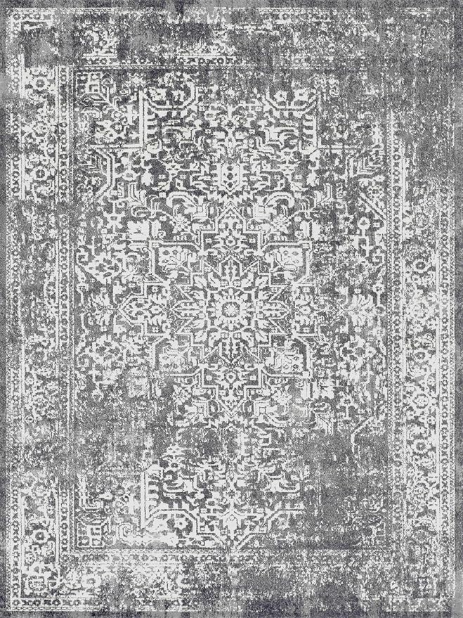 vivorug 6x9 Area Rugs, Stain Resistant Washable Rug for Living Room, Vintage-Inspired Grey Rug