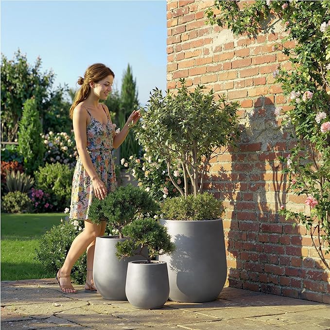 DTY Signature Mount Wilson Modern Indoor Outdoor Fiberstone Tapered Planter, Lightweight, Weather Resistant Garden Pot with Drainage Hole & Rubber Plug, Planter for Christmas Decor - Gray, Medium