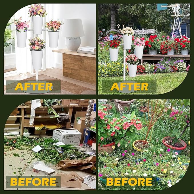 PROLEE Flower Display Stand with 4 Buckets, Flower Pot Stand, Flower Stand Metal, Florist Bouquet Shelf for Wedding, Party, Events, Oval Base, White