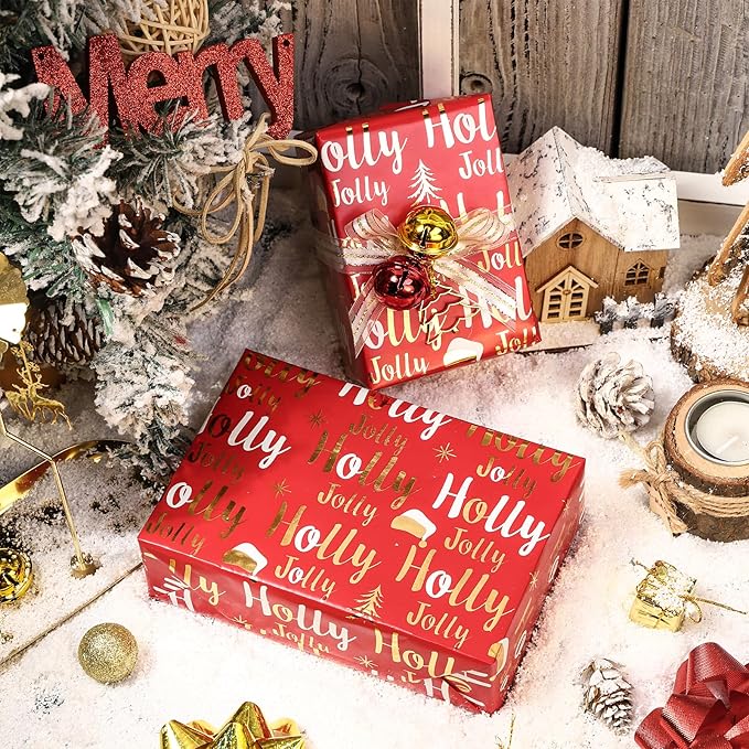 LeZakaa Red Gold Christmas Wrapping Paper Mini Roll, Christmas Tree Buffalo Plaid, Holly Jolly, Wreath Metallic Foil Holiday Gift Wrap, Arts Craft, for Xmas Winter Party, 17 x 120 inches, 3 Rolls